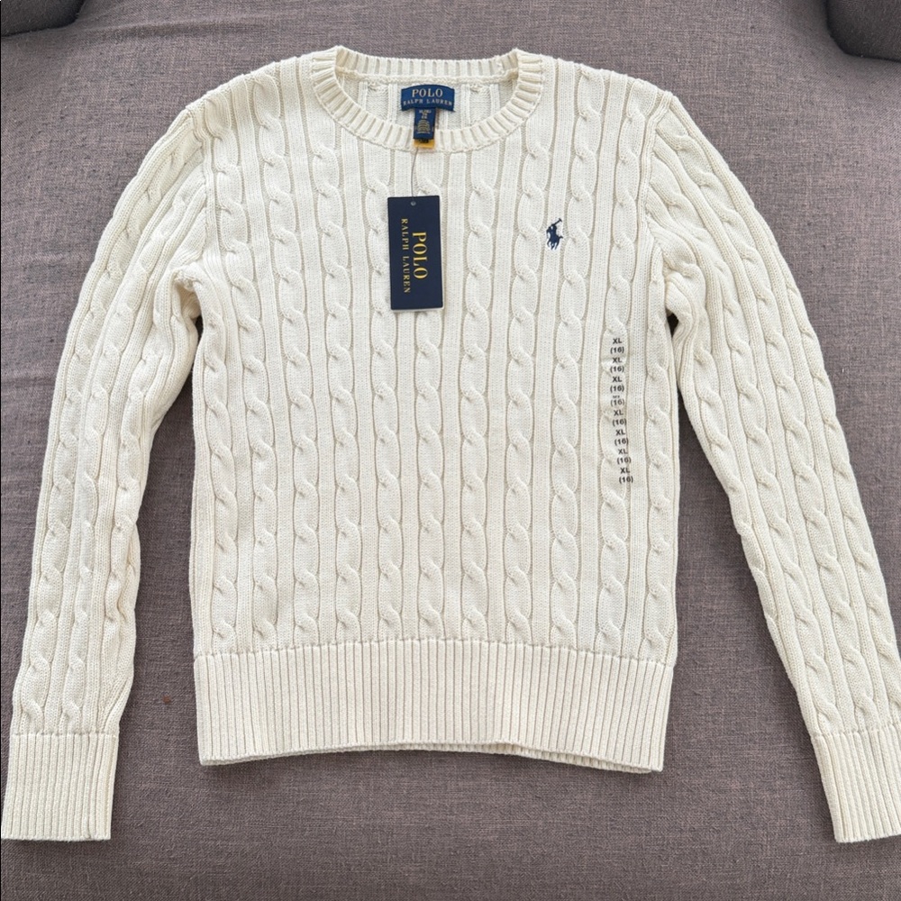 Ralph Lauren Cream Cable-Knit Sweater with Navy Pony